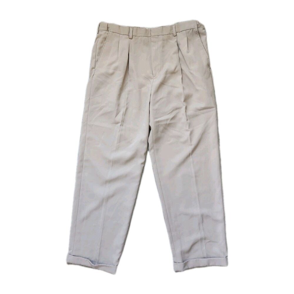 VTG L.L.Bean 40x31 Beige Pleated Dress Pants Tan Cuffed Straight Leg Trouser EUC